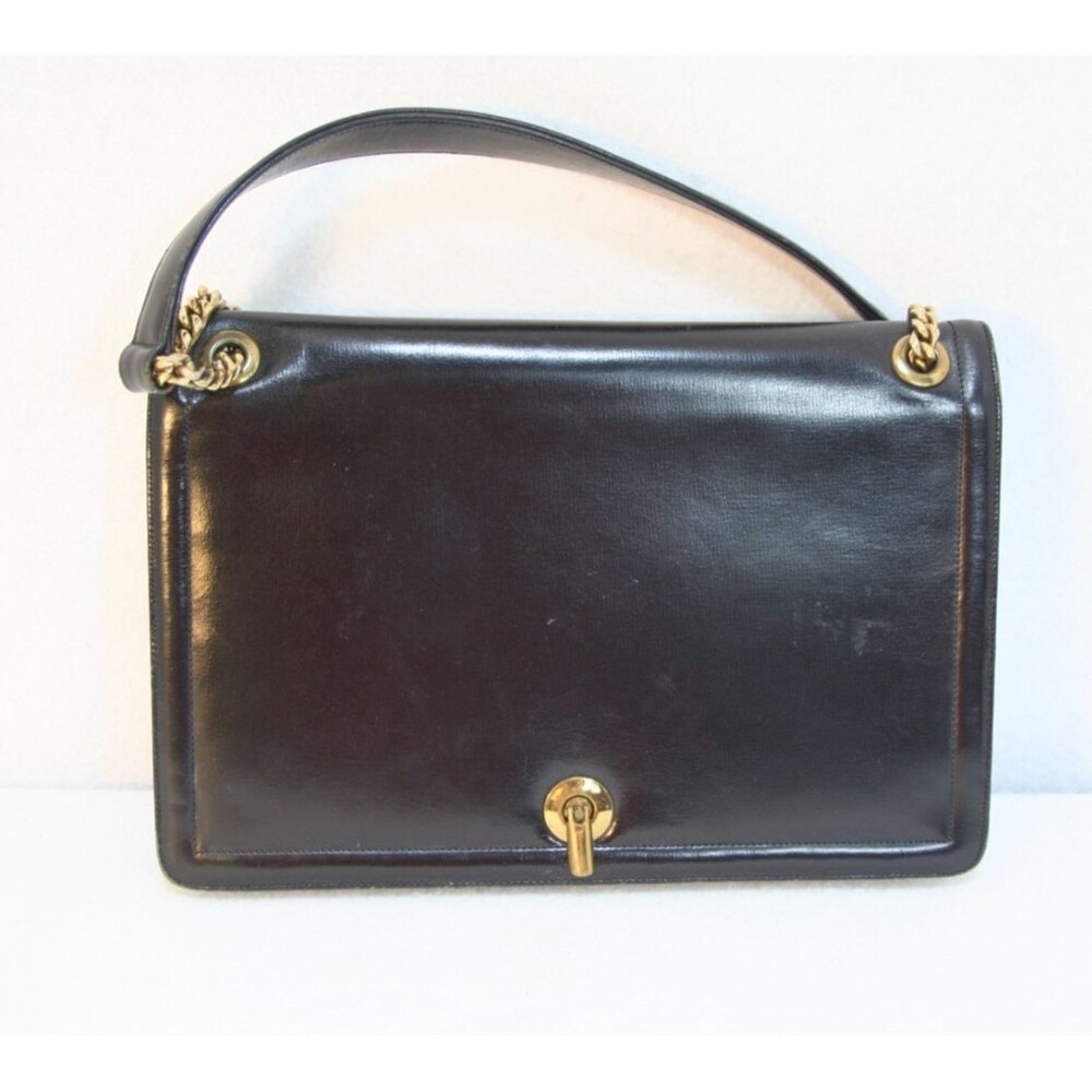 VTG Coblentz Women Black Leather Flap Strap Shoulder Evening Bag Gold Chain Lock